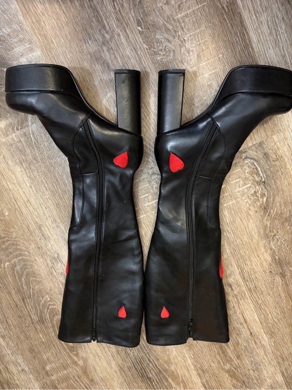 Black Platform Knee-High Boots with Red Heart Accents - Picture 2 of 3